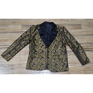 Barry Wang Blazer Mens‎ Small Black Gold Paisley Jacquard Suit Jacket Sport Coat